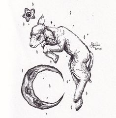 an ink drawing of a dog jumping over a crescent with its paw in the air