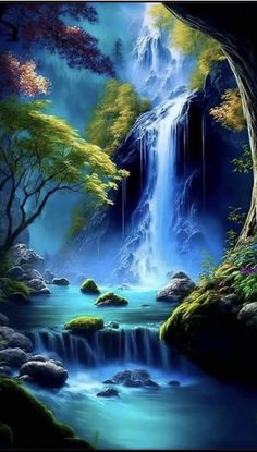 a painting of a waterfall in the forest