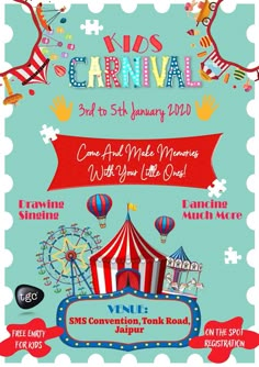 the carnival flyer for kids's carnival is shown in red, white and blue