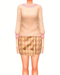 a woman wearing a skirt and sweater standing in front of a white background with her hands on her hips