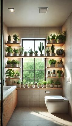 a bathroom filled with lots of succulents and potted plants on the wall