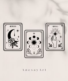 three tarot cards with different designs on them