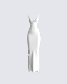 A real life angel 🤍 Made from a ponte knit fabric and complete with adjustable straps, a back cut-out and slit, underwire busts, and back zipper closures - this white cut-out maxi dress has a look of innocence that will let them know you are full of the best kinds of bad 😏 White Fitted Dress Outfit, Pretty Little Thing Dress, White Slip Dress With Sweetheart Neckline For Evening, Elegant White Dress With Boning, White Sleeveless Slip Dress With Fitted Bodice, White Fitted Backless Slip Dress, White Slip Dress With Fitted Bodice For Party, White Fitted Slip Dress For Evening, White Party Maxi Dress With Straight Neckline