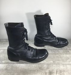 "Up on ETSY for buy it now is a pair of good condition, Vintage 60s Military Boots Vietnam Black Leather Jump Men's BF Goodrich. Size 9.5 medium. Made in USA! Leather uppers. Rubber BF Goodrich soles. From smoke-free home. Clean inside and out. Very well built and sturdy. Approximate Outside Dimensions: 12.5 inches heel to toe by 4.25 inches across the ball of footwear by 1.25 inches tall heels by 10.5 inches tall. Sold as is gently used.  Please check out the pictures. If you need more pictures Mens Tall Boots, Tall Heels, Military Boots, Vintage Military, Mens Shoes Boots, 5 Inch Heels, Tall Boots, Vintage 60s, Boots Men