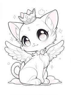 a cute little kitten with angel wings and a tiara on her head, sitting down