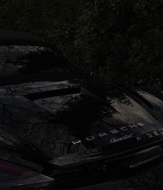 the back end of a black sports car parked in front of some trees at night