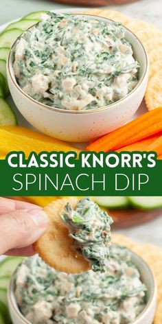 spinach dip in a white bowl with carrots and cucumber on the side