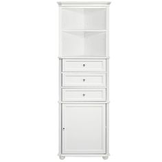 a tall white bookcase with drawers on the top and bottom shelf, against a white background