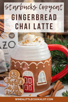 a gingerbread chai latte in a coffee mug with cinnamon and whipped cream on top