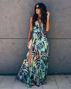 Mid-sleeve V-neck printed slim dress maxi – Trendha Club Dresses Black, Cheap Maxi Dresses, Tropical Print Dress, Maxi Sundress, Slim Dress, Mode Casual, Boho Style Dresses, Hawaiian Dress, Maxi Dress Online