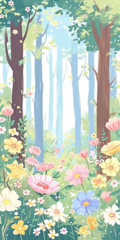 a painting of flowers and trees in the woods