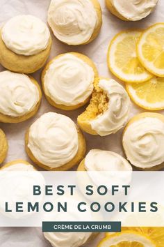 lemon cookies with white frosting and sliced lemons in the background text reads best soft lemon cookies creme de la crumb