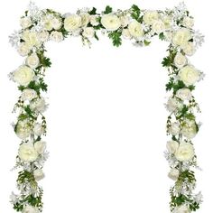 white flowers and greenery are arranged in the shape of an arch on a white background