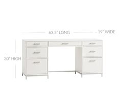 a white desk with three drawers and measurements for the top drawer, bottom drawer and bottom drawer