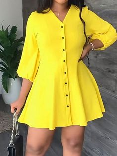 PLUS Elegant & Casual & Vacation Slim A-Line Mini Dress In Solid Yellow, Shirt-Style Open Placket, Women's Plus Size, Spring/Summer -E Yellow Casual  Three Quarter Length Sleeve Woven Fabric Plain A Line Non-Stretch  Women Plus Clothing, size features are:Bust: ,Length: ,Sleeve Length: Short Spring Dresses, Shirt Gown, Purple Bodycon Dresses, Simple Dress Casual, Classy Short Dresses, Elegant Bodycon Dress, Body Con Dress Outfit