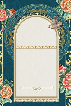 an ornate frame with flowers and a bird in the middle on a blue background that has gold trim