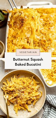 butternut squash baked bucatini in a casserole dish