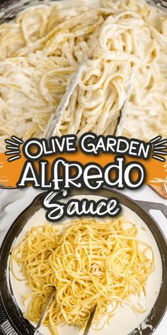 an advertisement for olive garden alfredo sauce on a plate with noodles in it and the words olive garden alfredo sauce