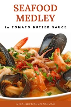 seafood medley with soft polenta in a white bowl on an orange and white background