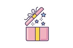 a pink gift box with a yellow ribbon and stars coming out of it, on a white background