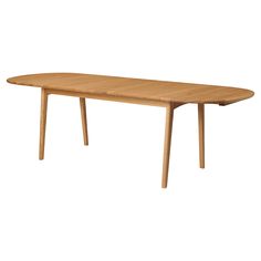 a wooden table with two legs and a long oval shaped dining table in the middle