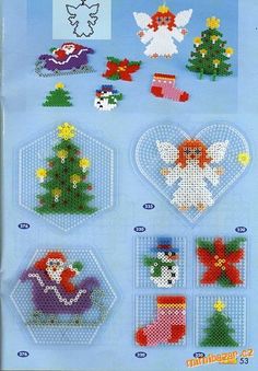 the cross stitch pattern for christmas decorations is displayed in front of a blue background with other items