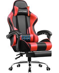 a red and black office chair with wheels on it's backrest, sitting in front of a white background