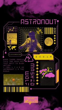 the back cover of an electronic album with various images and text in purple, yellow and black