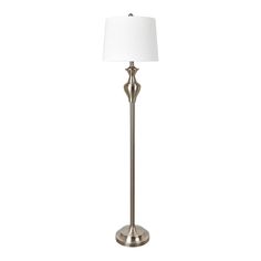 a floor lamp with a white shade on it's base and a silver finish