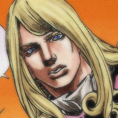 a drawing of a blonde haired man with blue eyes and long hair wearing a purple shirt