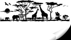 the silhouettes of giraffes and elephants are shown