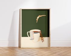 there is a painting on the wall with a coffee cup and ladder