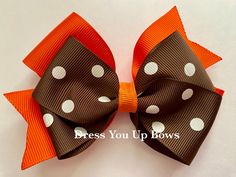 You will receive: 2 hair bows on alligator clip with teeth for snug fit set of 2 pigtail bows size: 3" x 2" grosgrain bow All bows are shipped on bow card in a cute bag. If purchasing multiple bows there will be up to 4-5 bows per bag depending on size of bows. All bows are safely shipped with tracking.  All items ship for 1 price - Pay shipping for 1st item, each additional item ships for free. Pet-free, Smoke-free environment.   All hair accessories in my shop have small pieces that can possibly be a choking hazard. Never leave small children alone or unattended with or wearing a hair accessory. This should be a general rule with any hair product purchased. New hair accessories added daily. Please view my other listings for more great deals. **Please read ship time before purchasing. I d Fancy Hair Bows, Thanksgiving Hair Bows, Thanksgiving Hair, Pigtail Bows, Girls Hair Bow, Fancy Hair, Hair Bow Clip, Brown Polka Dots, Orange Ribbon