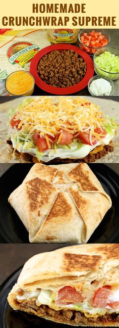 an advertisement for homemade crunchwrap supreme, with different types of quesadillas