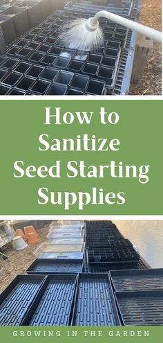 how to sanitize seed starting supplies in the garden with text overlay that reads, how to sanitize seed starting supplies growing in the garden