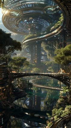 a futuristic city with lots of trees and water