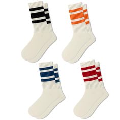 PRICES MAY VARY. 【Womens Athletic Socks】--Package included multiple of different each color striped crew socks.Machine wash, cold water wash, air / tumble dry, no ironing. Women athletic socks are perfect for everyday wear or most outdoor sports activities. 【Fun Novelty Socks】--The retro trend set off in recent years,most of bloggers like to wear striped socks with fashion clothes/shoes.3Pairs striped fun crews socks with a retro striped design, it goes well with any clothes for exercise or dail Socks Package, Yarn Making, Socks Packaging, Tall Socks, Socks Cotton, Pants Skirts, Sporty Casual, Socks For Women, White Socks