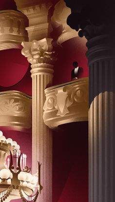 an artistic painting of a chandelier in a red room with columns and pillars