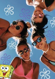 four girls in bathing suits and sunglasses are looking up at the camera with spongebob