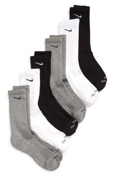 Sweat-wicking Dri-FIT knit with breathable mesh at the top of the foot and a fit-enhancing arch band ensure cool comfort in these cushioned crew socks. Pack of six pairs Cotton/polyester/spandex/nylon Machine wash/tumble dry Imported Male Stocking Stuffers, Nike Socks Dri Fit, Long Nike Socks, Nike Socks With Leggings, Nike Long Socks, Black Nike Socks Aesthetic, Nike Everyday Socks, Nike Ankle So Ks, Christmas Wishlist Items