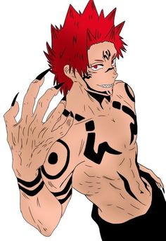 an anime character with red hair holding his hands up to the side and looking like he is