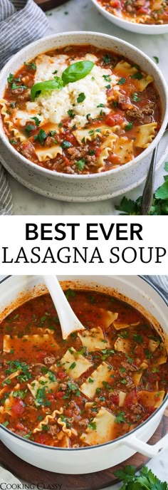 the best ever lasagna soup in a white bowl