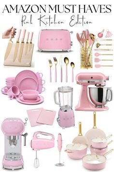 pink kitchen appliances and utensils are featured in this ad for the amazon must haves