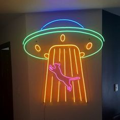 Outer Space UFO Cat Neon Sign Lights On The Wall, Cat Neon Sign, Exhibition Signage, Neon Tube Lights, Industrial Signage, Neon Box, Commercial Signs, Business Signage, Event Exhibition