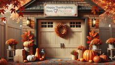 an autumn scene with pumpkins and fall leaves in front of a door that says happy thanksgiving from v7 outdoor