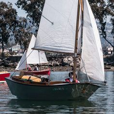 two small sailboats on the water with trees in the background