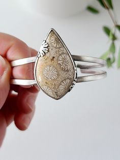 Fossil Flower statement cuff #1 – Flying Crow Metalworks Rings Casual, Flying Crow, Silversmith Rings, Fossil Ring, Cabochon Bracelet, Silver Smithing, Boho Beads, Fossilized Coral, Metal Smithing