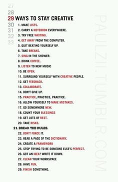 a white poster with the words 29 ways to stay creative in red and black lettering