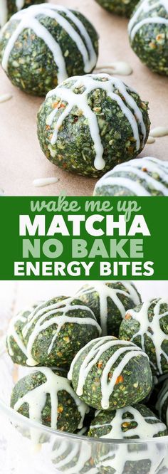 matcha no bake energy bites with white glaze on top and green background