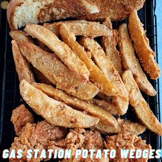 there are some fried food on the grill with words above it that read gas station potato wedges